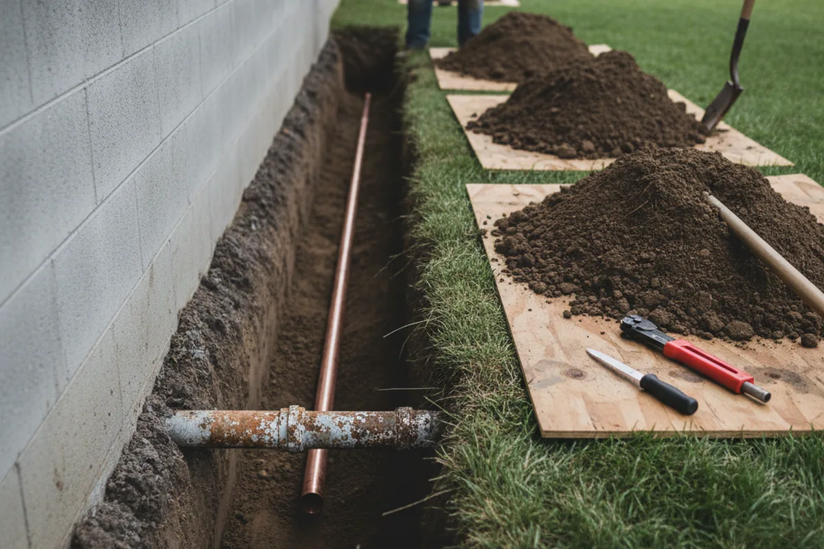 Excavated water line trench during Water Softener Installation in Eleanor